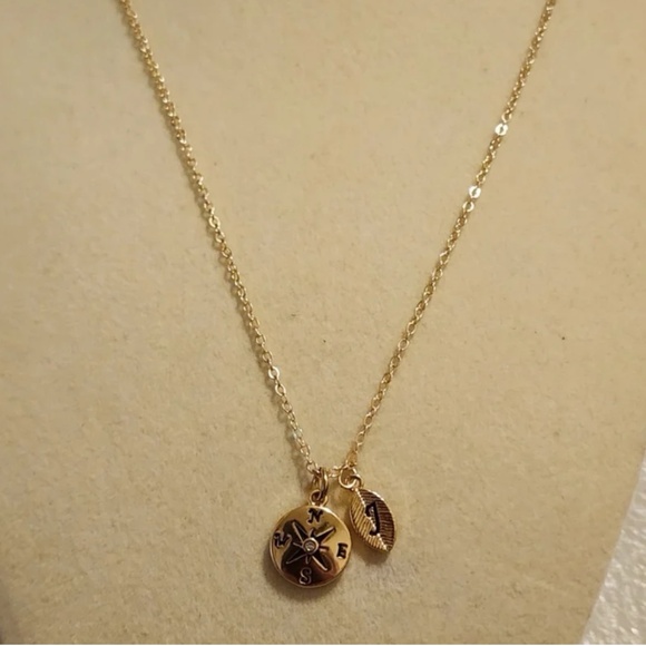 Compass Necklace with ”J” Leaf Initial - Picture 2 of 3